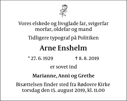 Dødsannoncen for Arne Enshelm - Rødovre