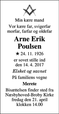 Dødsannoncen for Arne Erik Poulsen - Odense