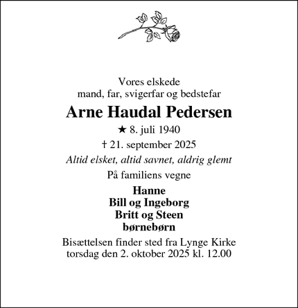 Dødsannoncen for Arne Haudal Pedersen - Lynge