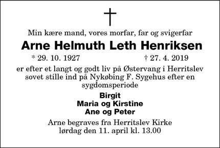 Dødsannoncen for  Arne Helmuth Leth Henriksen - Charlottenlund