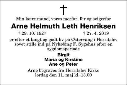 Dødsannoncen for Arne Helmuth Leth Henriksen - Charlottenlund