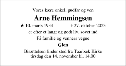 Dødsannoncen for Arne Hemmingsen - Taarbæk