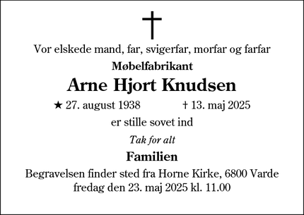 Dødsannoncen for Arne Hjort Knudsen - Esbjerg