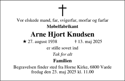 Dødsannoncen for Arne Hjort Knudsen - Esbjerg