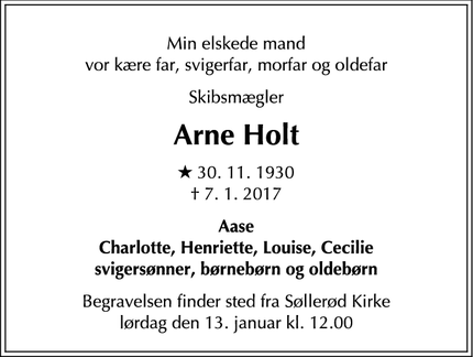 Dødsannoncen for Arne Holt - Holte