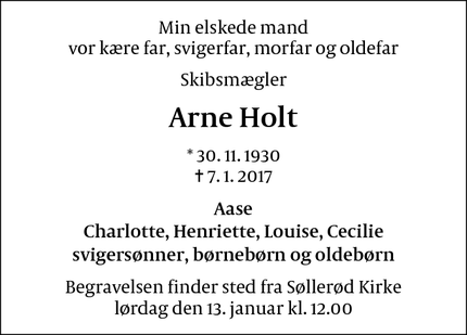 Dødsannoncen for Arne Holt - Holte
