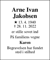 Dødsannoncen for Arne Ivan
Jakobsen - Græsted