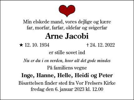 Dødsannoncen for Arne Jacobi - Hvidding