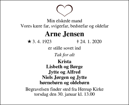 Dødsannoncen for Arne Jensen - Vinderup