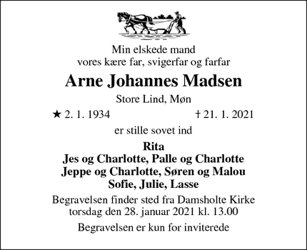 Dødsannoncen for Arne Johannes Madsen - Stege