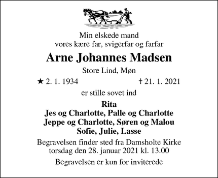 Dødsannoncen for Arne Johannes Madsen - Stege