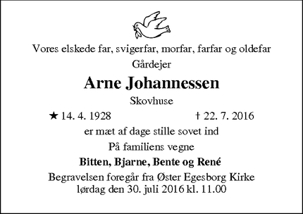 Dødsannoncen for Arne Johannessen - Skovhuse