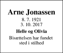 Dødsannoncen for Arne Jonassen - København