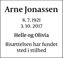 Dødsannoncen for Arne Jonassen - København