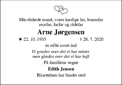 Dødsannoncen for Arne Jørgensen - Nibe
