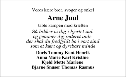 Dødsannoncen for Arne Juul - Aabenraa