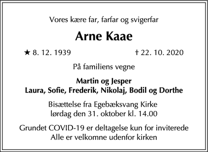 Dødsannoncen for Arne Kaae - Snekkersten