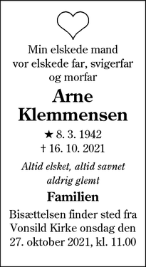 Dødsannoncen for Arne
Klemmensen - Kolding