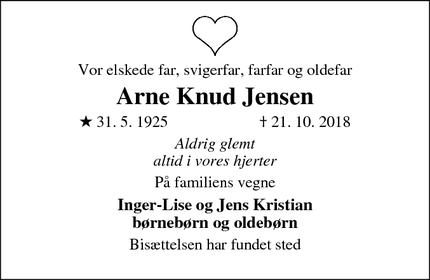 Dødsannoncen for Arne Knud Jensen - Herning