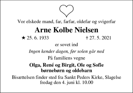 Dødsannoncen for Arne Kolbe Nielsen - Slagelse