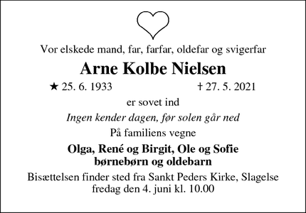 Dødsannoncen for Arne Kolbe Nielsen - Slagelse