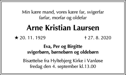 Dødsannoncen for Arne Kristian Laursen - København, Aalborg