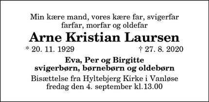 Dødsannoncen for Arne Kristian Laursen - København, Aalborg