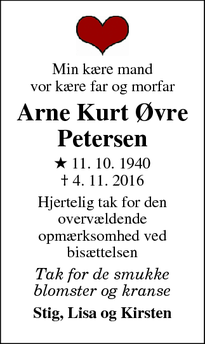 Dødsannoncen for Arne Kurt Øvre Petersen - Korsør