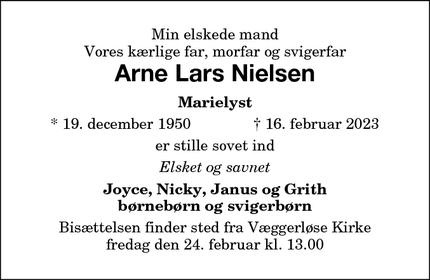 Dødsannoncen for Arne Lars Nielsen - marielyst
