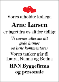 Dødsannoncen for Arne Larsen - Videbæk