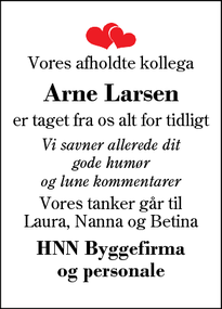 Dødsannoncen for Arne Larsen - Videbæk