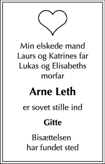 Dødsannoncen for Arne Leth - København
