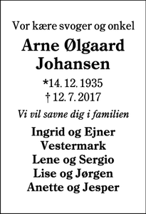 Dødsannoncen for Arne Ølgaard Johansen - Ribe
