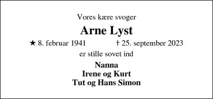 Dødsannoncen for Arne Lyst - RIBE