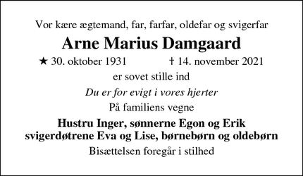 Dødsannoncen for Arne Marius Damgaard - Silkeborg