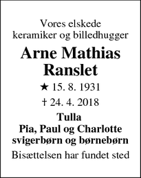 Dødsannoncen for Arne Mathias Ranslet - hasle