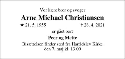 Dødsannoncen for Arne Michael Christiansen - Aarhus C