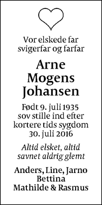 Dødsannoncen for Arne Mogens Johansen - Frederiksberg