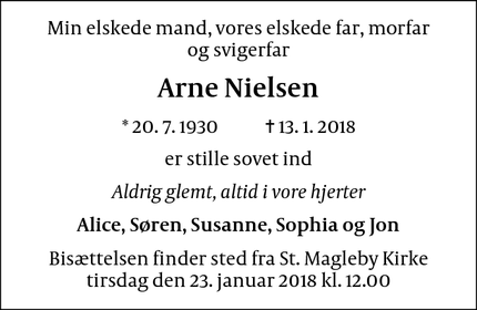 Dødsannoncen for Arne Nielsen - Dragør