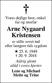 Dødsannoncen for Arne Nygaard Kristensen - Esbjerg