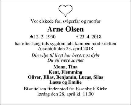 Dødsannoncen for Arne Olsen - Assentoft