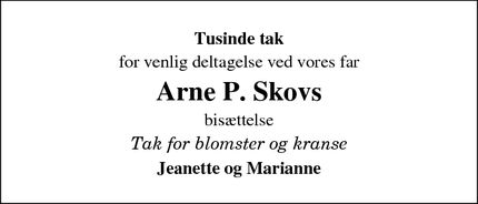 Dødsannoncen for Arne P. Skovs - Sønder Stenderup