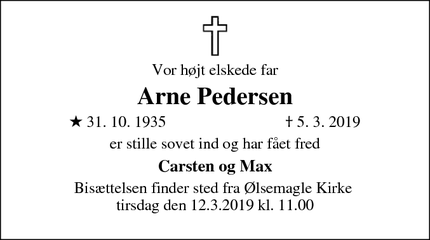 Dødsannoncen for Arne Pedersen - Ølsemagle
