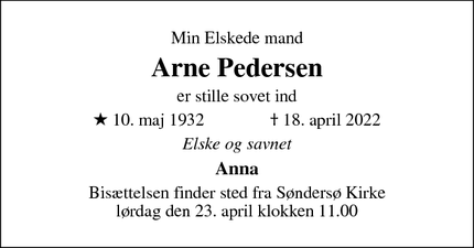 Dødsannoncen for Arne Pedersen - Søndersøæ fyn