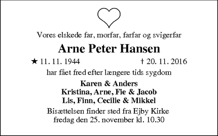 Dødsannoncen for Arne Peter Hansen - Ejby