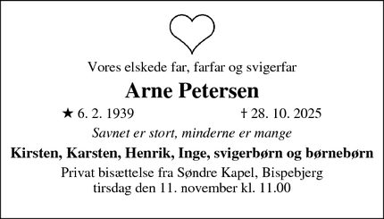 Dødsannoncen for Arne Petersen - Ringsted og Stenløse