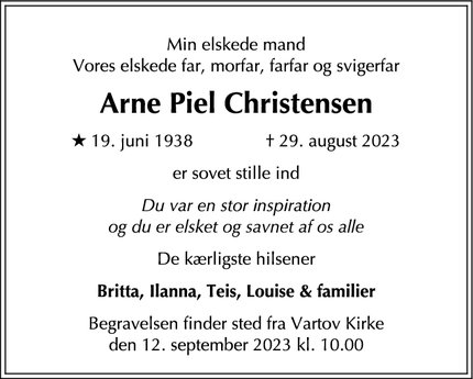 Dødsannoncen for Arne Piel Christensen - København S