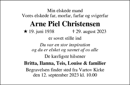 Dødsannoncen for Arne Piel Christensen - København S