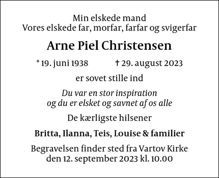Dødsannoncen for Arne Piel Christensen - København S