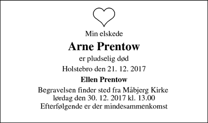 Dødsannoncen for Arne Prentow - Holstebro